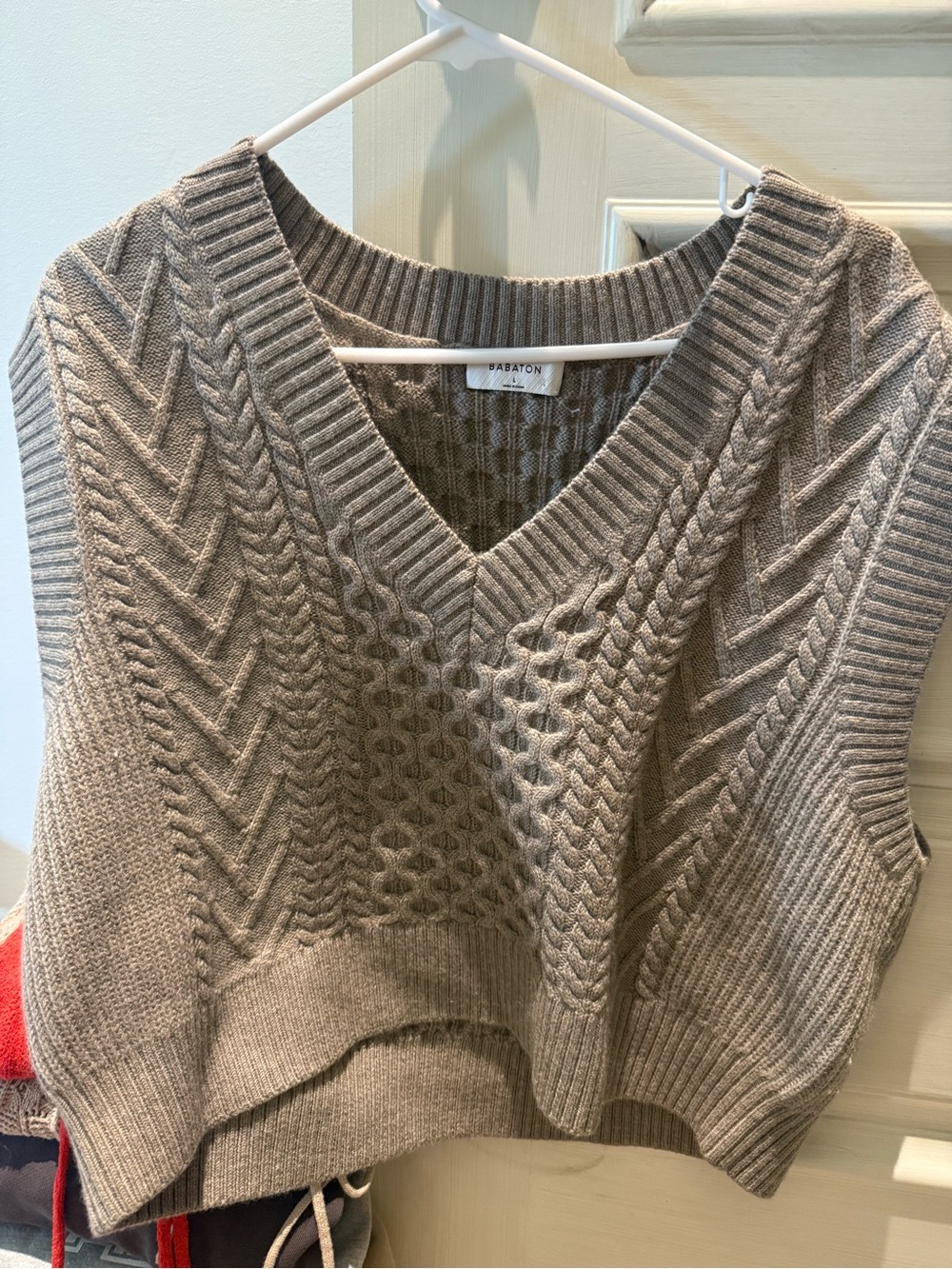 Babaton Taupe Cable-Knit V-Neck Sweater Vest